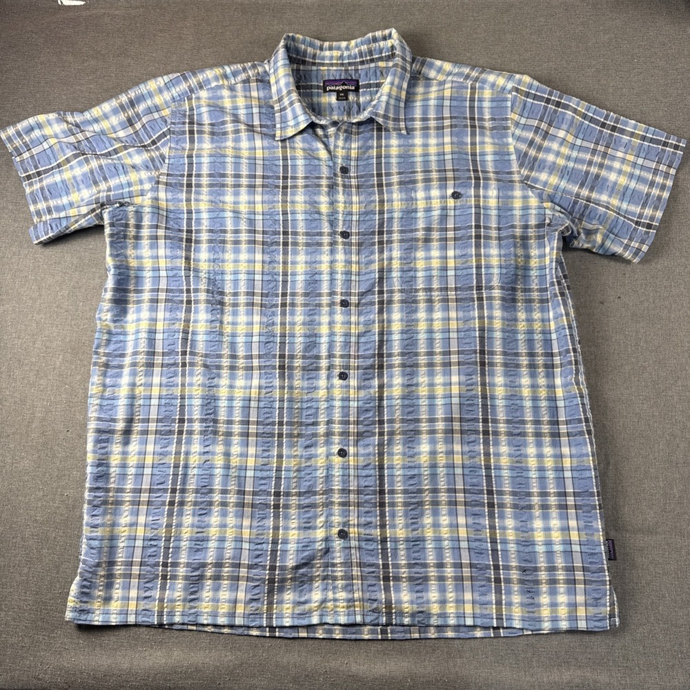 Patagonia Mens XX Large Short Sleeve Button Up  Shirt Blue Plaid Button Cotton